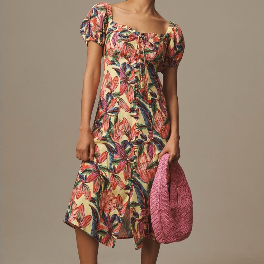 Farm Rio x Anthropologie Puff-Sleeve Sweetheart Linen Midi Dress - WORN ONCE